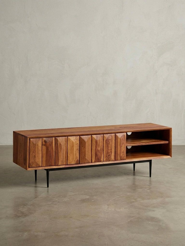 TV-Kommode, Sheeshamholz, bis 55 Zoll, Push-to-Open, Edelstahlbeine. 123x35x42 cm | Kadima Design