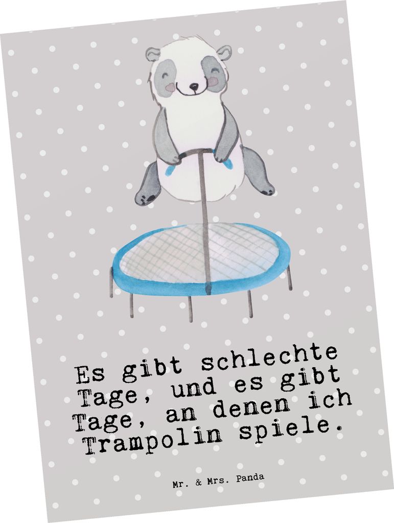 Mr. & Mrs. Panda Postkarte Panda Trampolin springen - Grau Pastell - Geschenk, bildkarte, Fitnessstudio, Grußkarte, Postkarten, Turnen, Ansichtska...