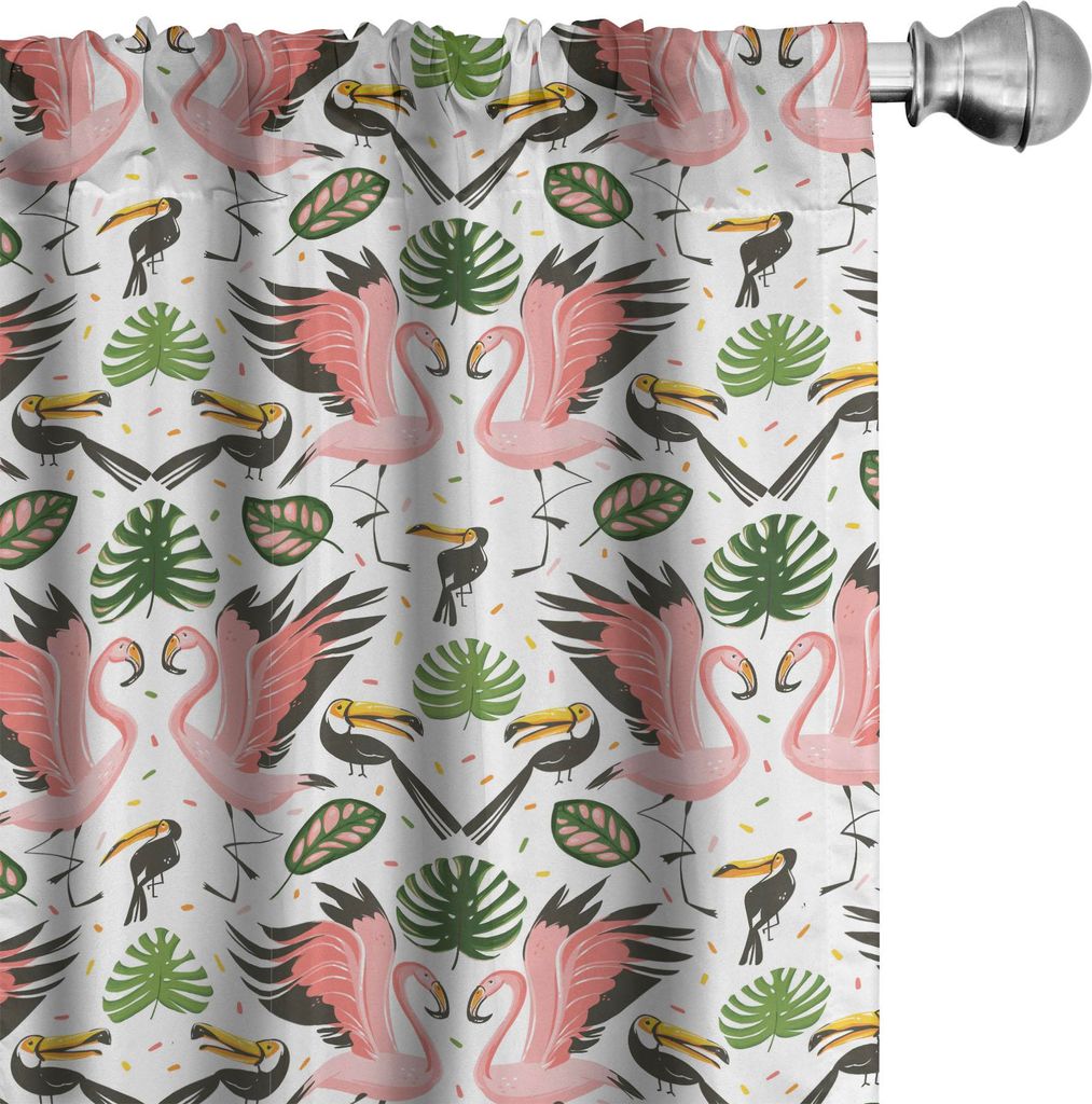 ABAKUHAUS Boho Vorhänge, Gardinen, Exotische Illustration von Flamingo und großen Blätter, 2 Stück 75 x 225 cm, Coral Mehrfarbig