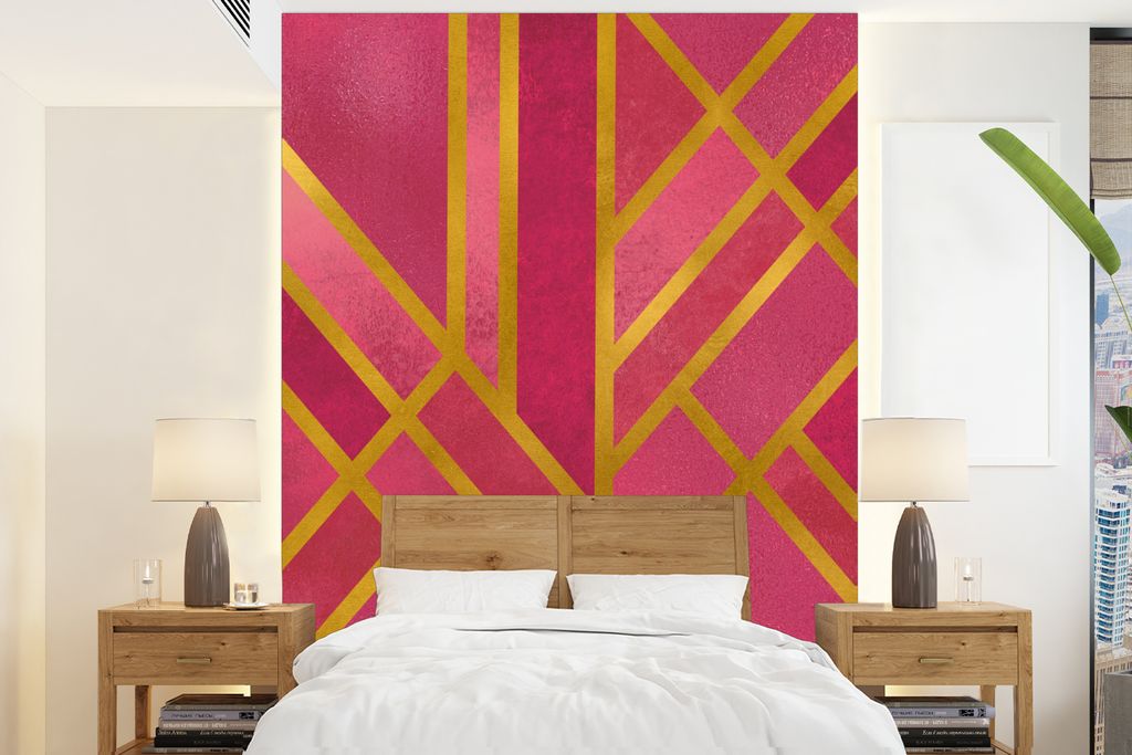 MuchoWow Fototapete für Wohnzimmer oder Schlafzimmer Wandtapete Vinyl Motivtapete Gold - Luxus - Geometrisch - 205x280 cm - Wandbild