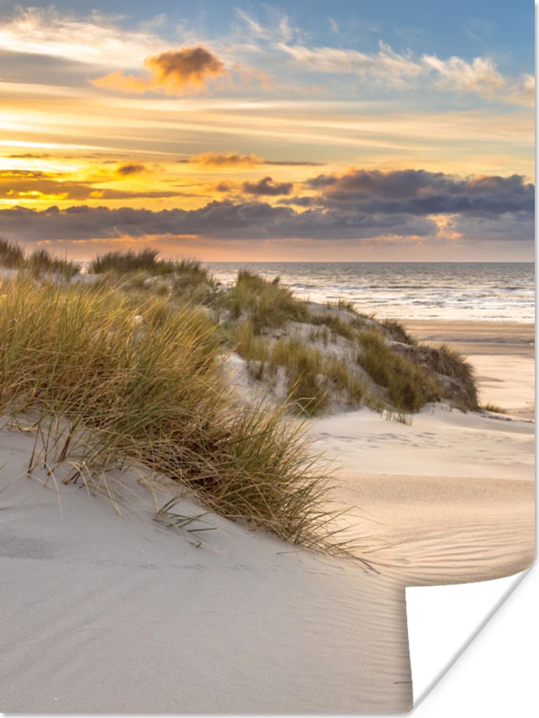 MuchoWow Poster Strand - Düne - Gras - Sonnenuntergang - Meer 60x80 cm - Schlafzimmer Dekoration