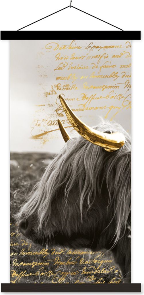 MuchoWow Textilposter Schottisches Hochlandrind - Gold - Hoorn 60x120 cm mit schwarzem Rahmen - Magnete