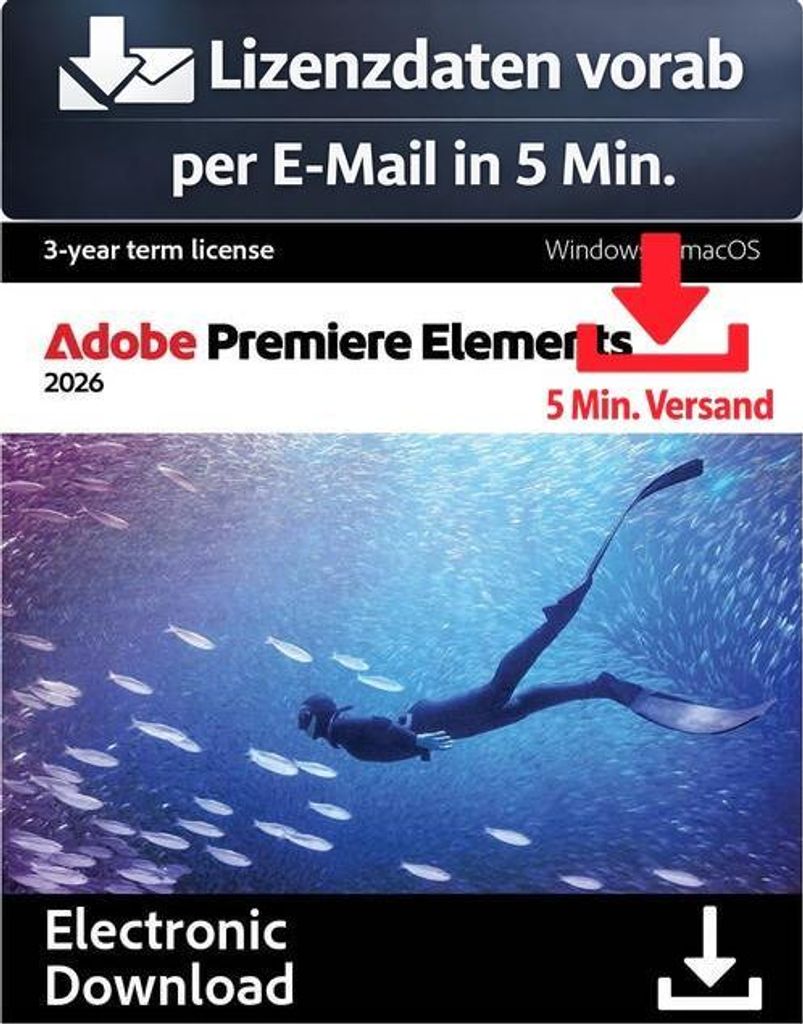 Adobe Premiere Elements 2026 (1 User - 3 Jahre) ESD Bild, Video Audio 5 Min. Versand als Download per Mail
