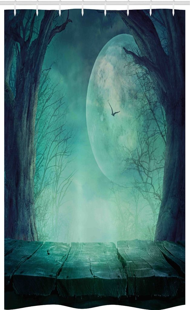 ABAKUHAUS Teal Schmaler Duschvorhang, Spooky Wald Halloween, Badezimmer Deko Set aus Stoff mit Haken, 120 x 180 cm, Teal