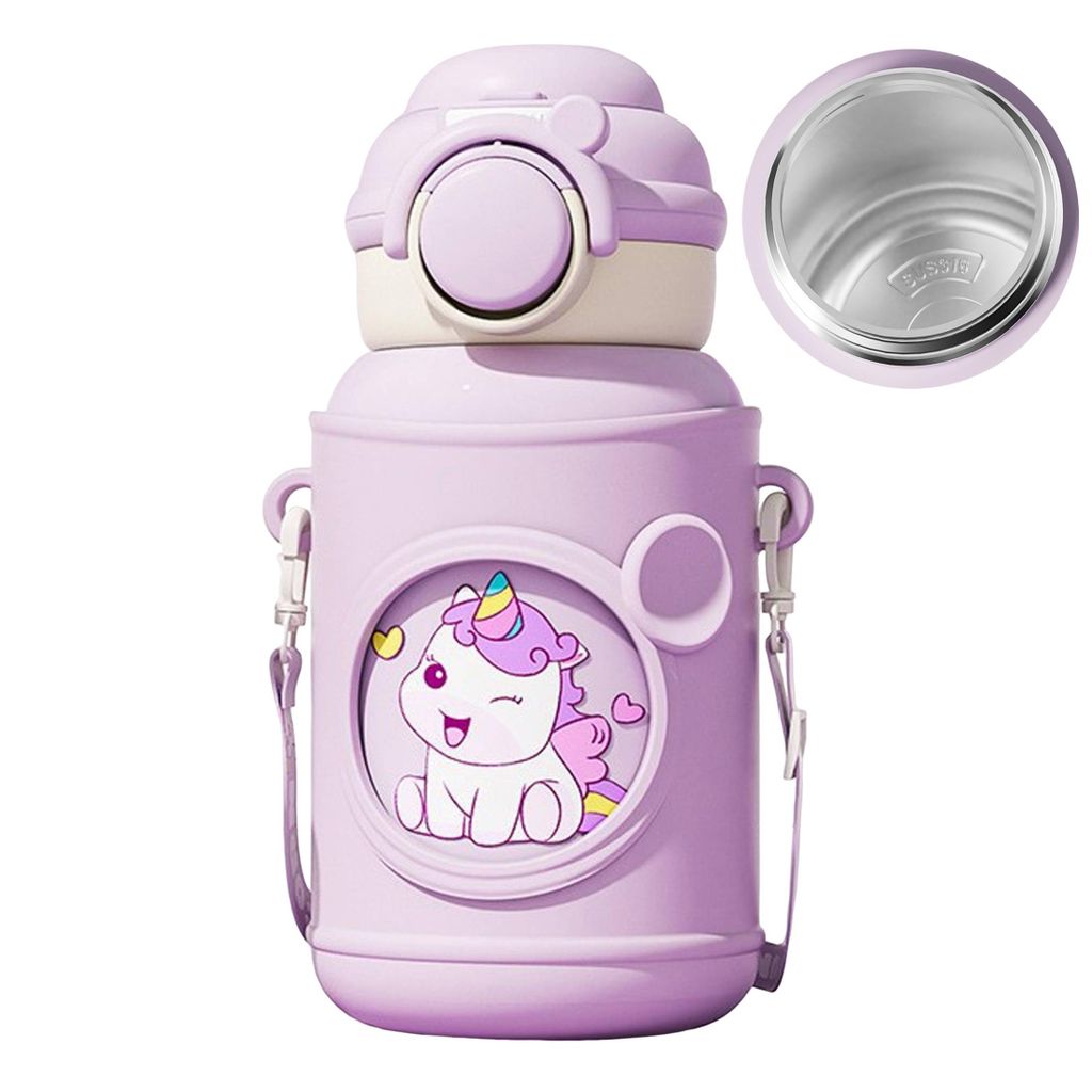 Thermobecher, 500ML, Kinder Trinkflaschen, Isolierflasche, Kinderflasche, Wasserflasche, Thermosflasche, mit Schultergurt/Becherhülse, BPA frei