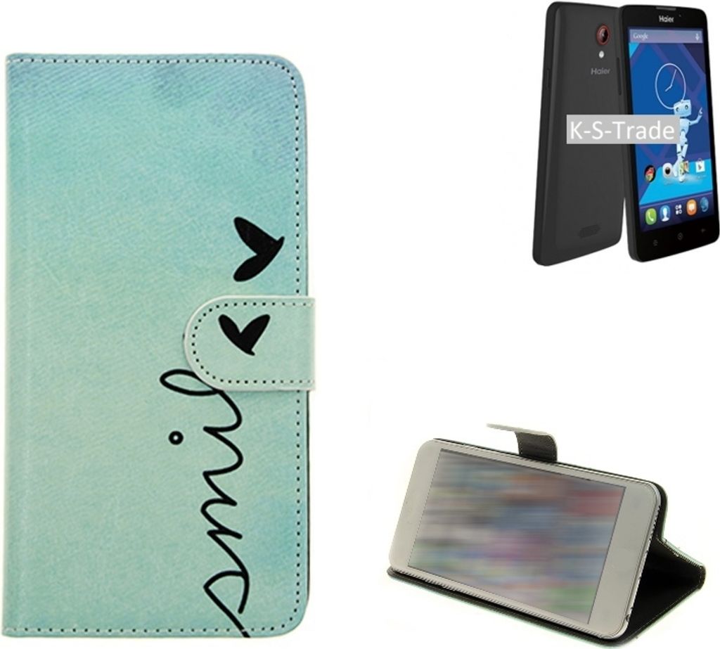K-S-Trade Schutz-Hülle Handy-Hülle kompatibel mit Haier Phone L52 Hülle Wallet Case Flip cover bookstyle Etui Handyhülle ''smile'' türkis