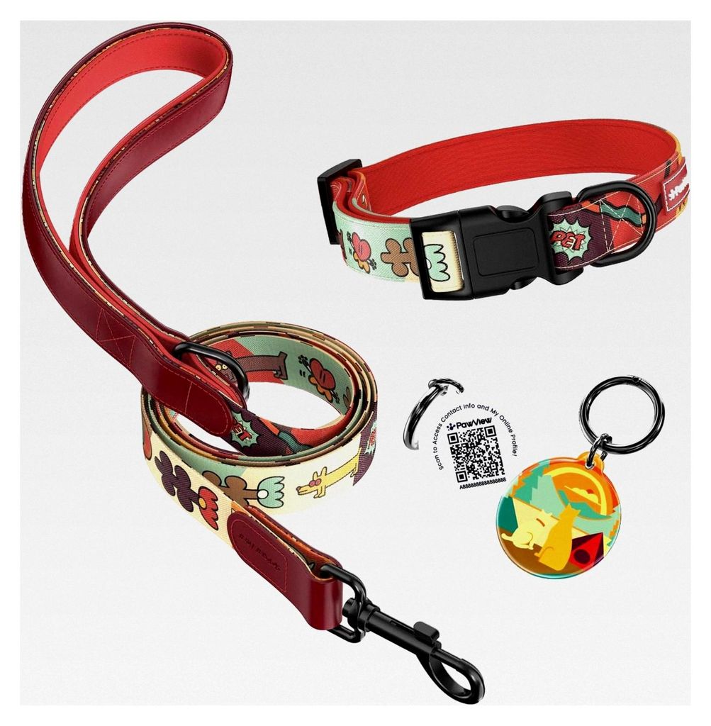 Personalisierte Hundeleine und Halsband Set im Sonnenaufgangs Stil, verstellbar, mit QR Code Hundemarke, geeignet für große Hunde (Halsumfang: 41...