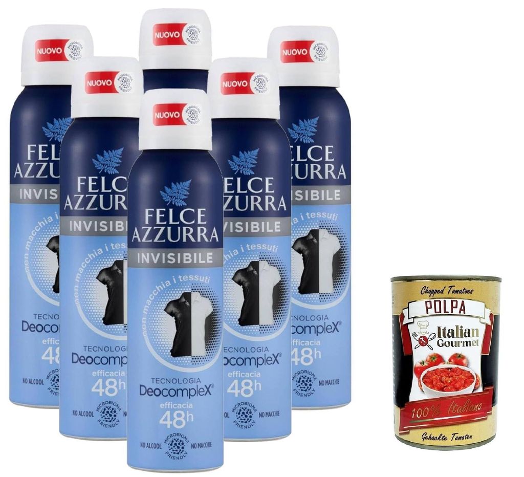 Felce Azzurra Deodorant Unisex Spray Skin Care Hydracare Formel mit weißem Tee 48H 6x150 ml+ Italian Gourmet polpa 400g