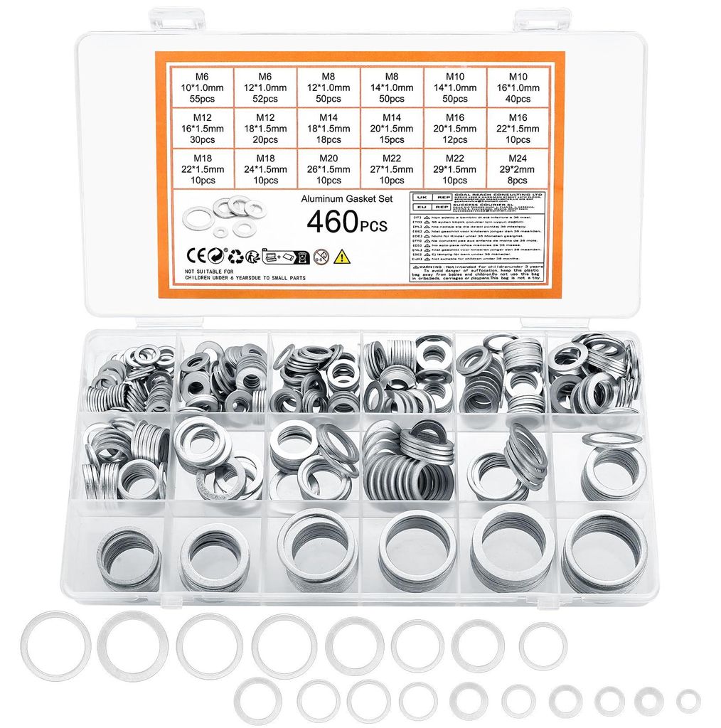 Satz mit 460 Aluminium-Dichtungsringen, Sortiment an Ölablassdichtungen, Ringsatz für Sanitärinstallationen, Kfz-Wartung und Hydraulikreparature...