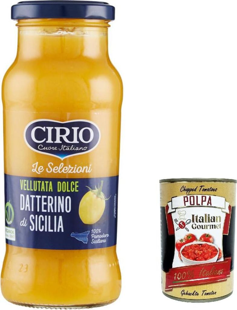 12x Cirio Le Selezioni Vellutata Dolce Datterino giallo Di Sicilia, Datterini gelb Tomaten 350 G + Italian Gourmet polpa 400g