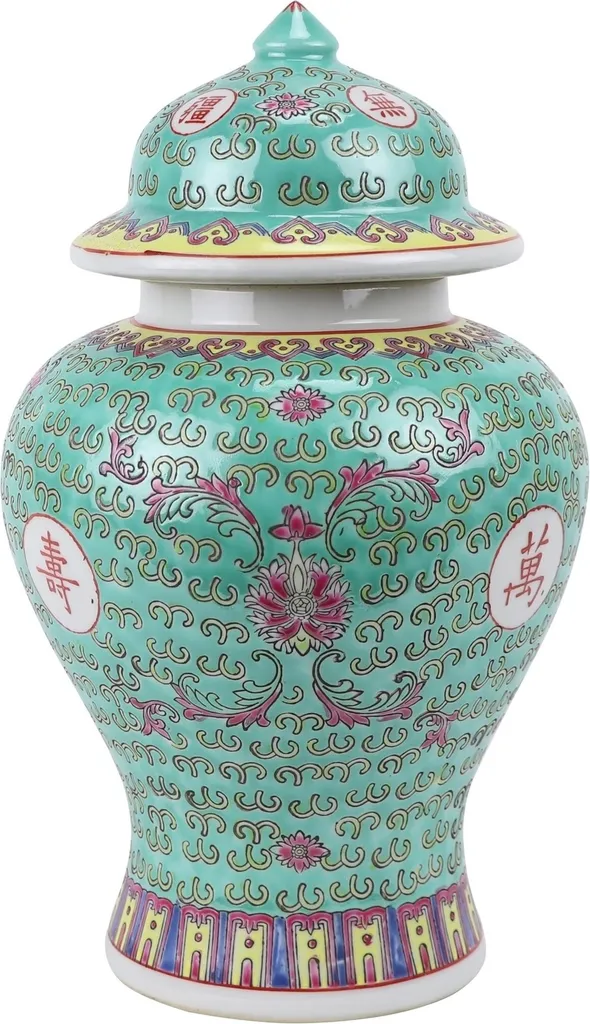 Fine Asianliving Vase Chinois avec Couvercle Porcelaine Verte D20xH35cm