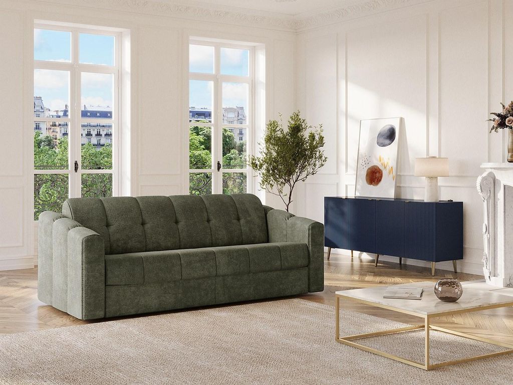 Schlafsofa mit Matratze 4-Sitzer - Strukturstoff - Khakigrün - Liegefläche 160 cm (breite Latten) - Matratze 18 cm - DARIELO