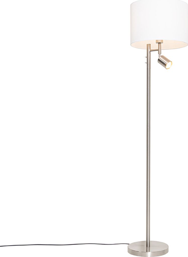 QAZQA - Modern Stehlampe aus Stahl I Silber I nickel matt mit weißem Schirm und Leselampe - Jelena I Wohnzimmer I Schlafzimmer - Stahl Rund - LED ...