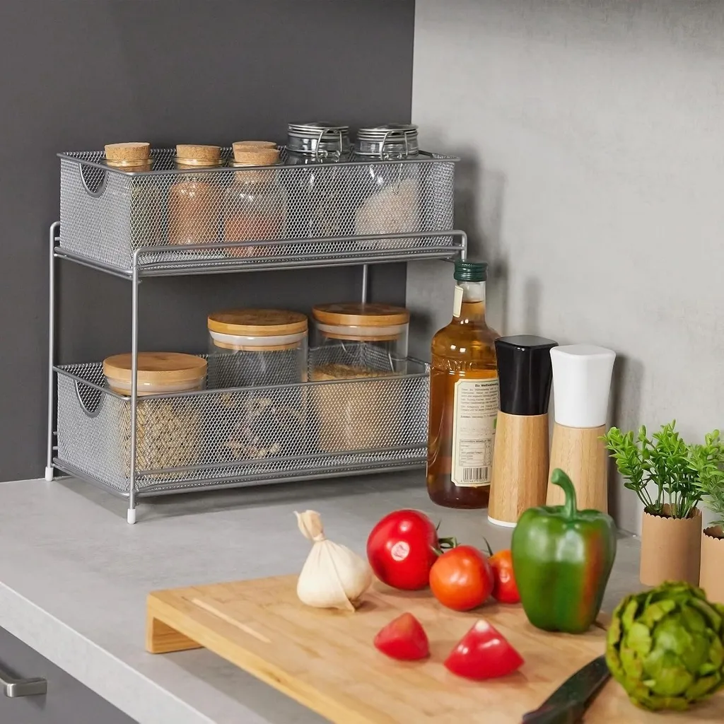 Organiseur de cuisine en métal argenté multifonction - 32x19x35,5 cm