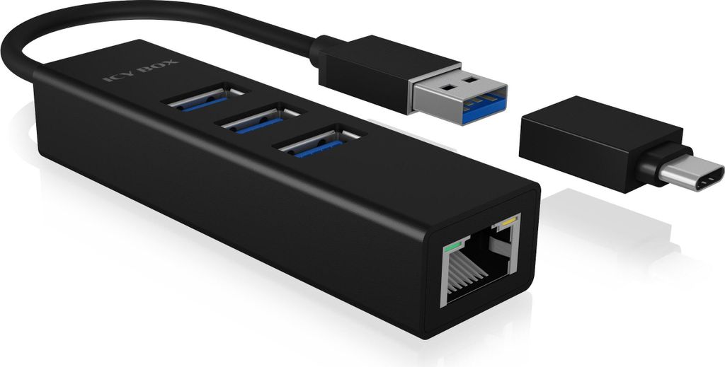Hub IcyBox 4-Port IB-HUB1419-LAN USB 3.0 Hub & LAN Adapter Produktbild 
