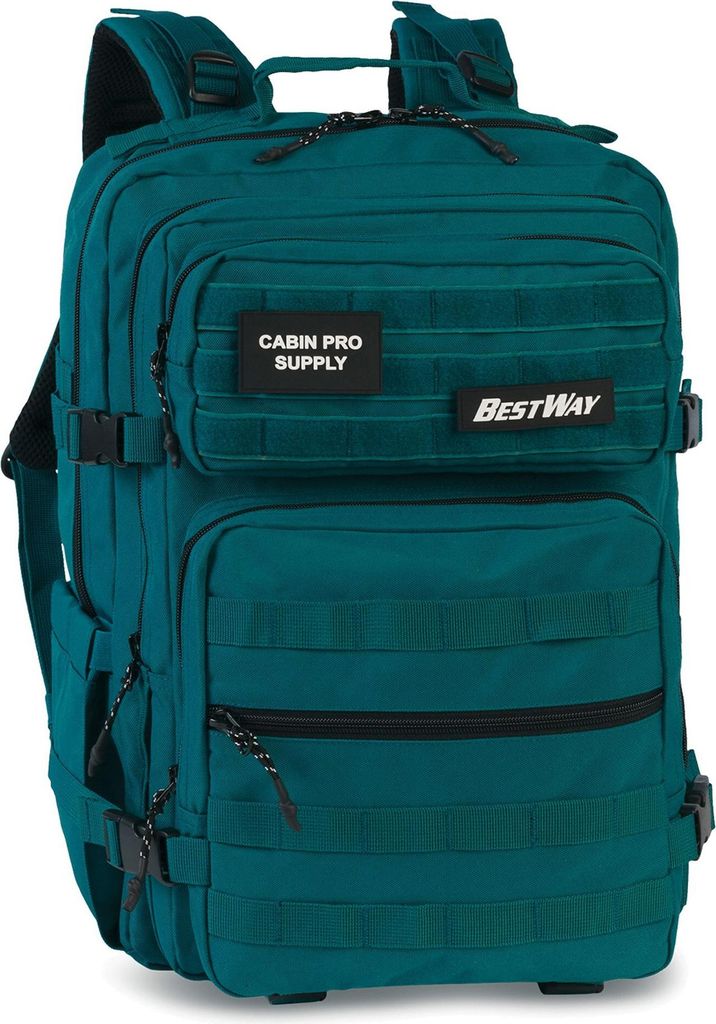 A teal backpack is shown against a white background.
