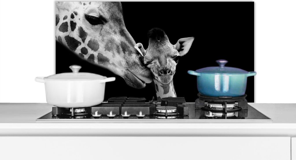 KitchenYeah Spritzschutz Küche - Küchenrückwand - Wandschutz für Herd und Spüle - Tiere - Schwarz - Weiß - Giraffe - Porträt 90x45 - Alu-...
