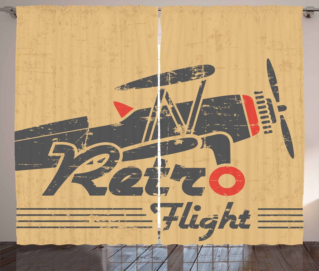 ABAKUHAUS Flugzeug Rustikaler Gardine, Retro-Emblem, Schlafzimmer Kräuselband Vorhang mit Schlaufen und Haken, 280 x 175 cm, Sand Brown Vermilion