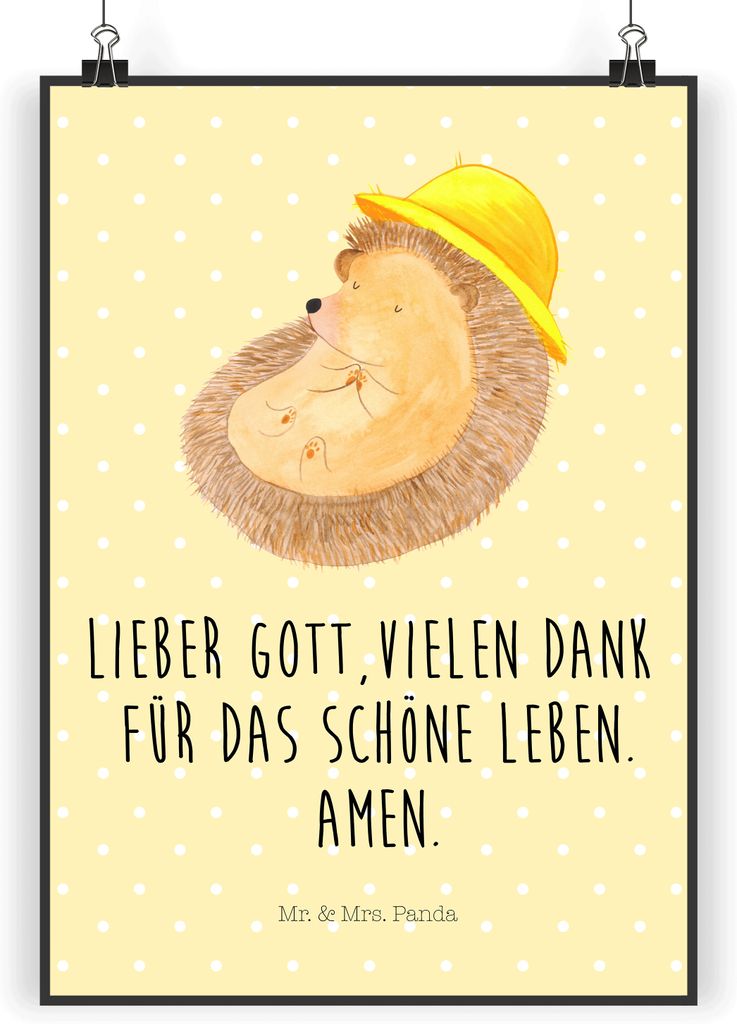 Mr. & Mrs. Panda Bild Igel Beten DIN A4 - Gelb Pastell - Geschenk, Dankbar, Dankbarkeit, Gott, Deko, drucke, Posterdruck, Leben, Genießen, Wandbil...