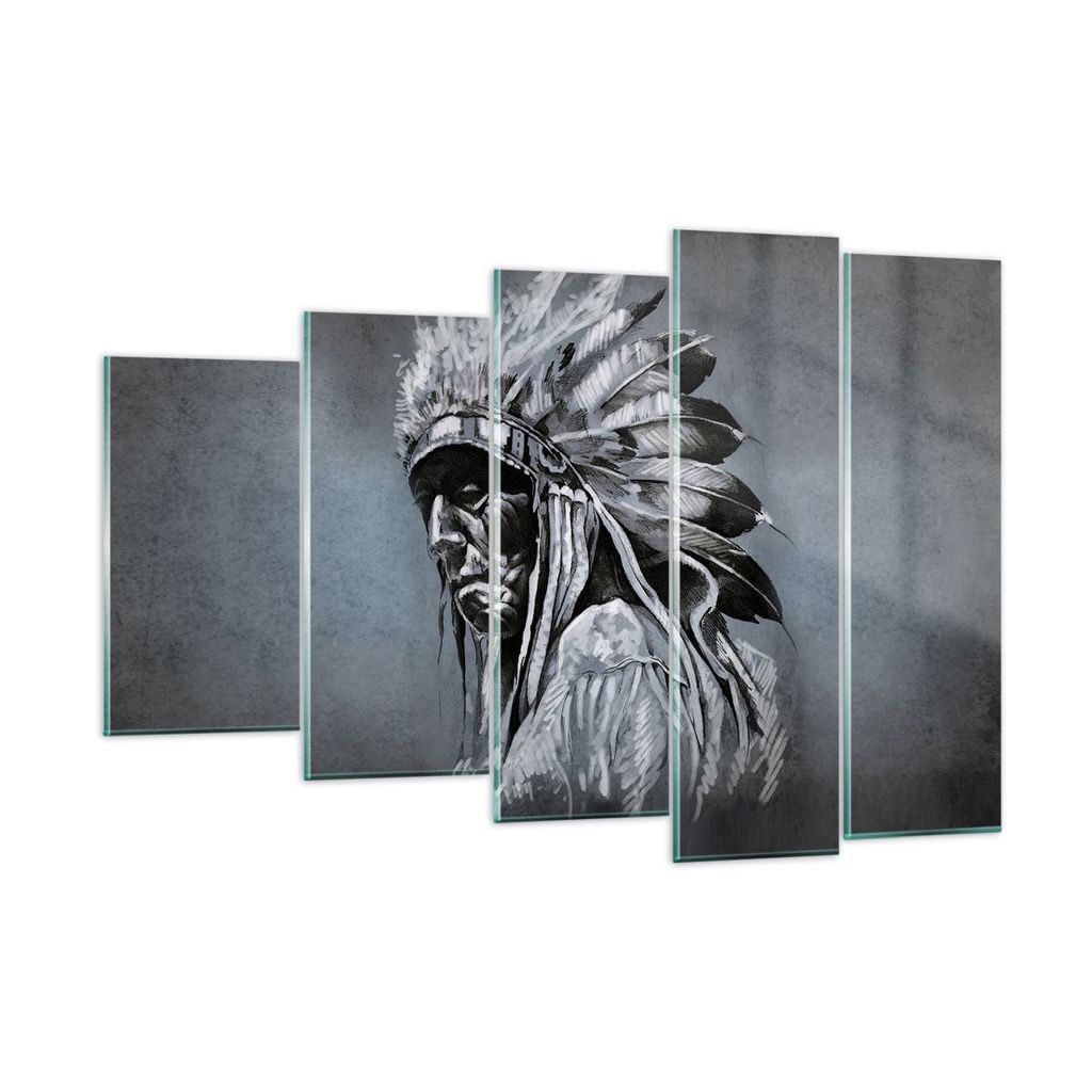 Bilder auf glas - 5 Teile - Inder Feder Mann - 150x100cm - Glasbilder - Wandbilder - Bilder - zum Aufhängen bereit - Wanddekoration aus Glas - Gla...