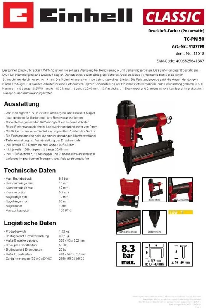 Agrafeuse pneumatique Einhell TC-PN 50 (4137790) avec pression 8.3 bar - 19