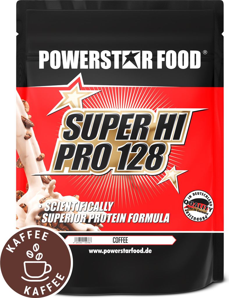 Powerstar SUPER HI PRO 128 | Mehrkomponenten Protein-Pulver 1kg | Höchste Biologische Wertigkeit | Protein-Shake zum Muskelaufbau | Coffee