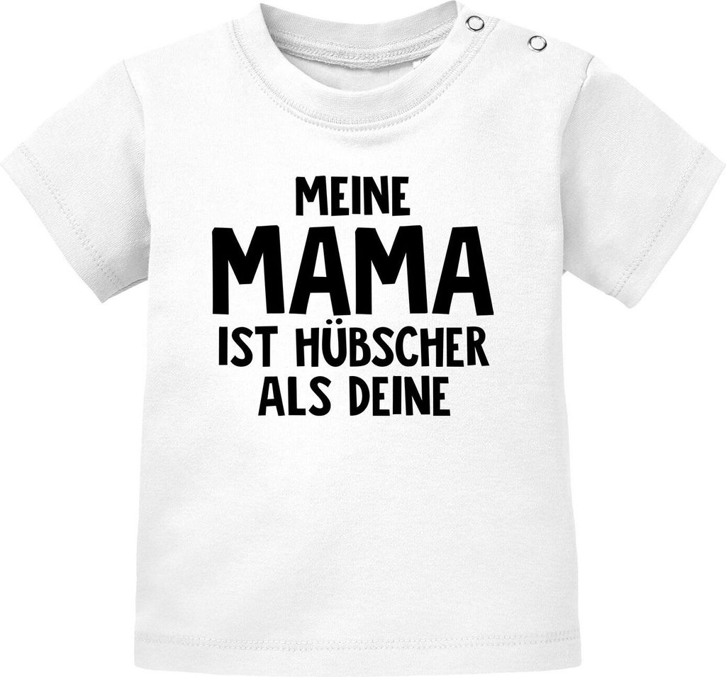 Baby T-Shirt kurzarm Meine Mama ist hübscher als deine Jungen Mädchen Oberteil Baumwolle Moonworks weiß 80/86 (10-15 Monate)