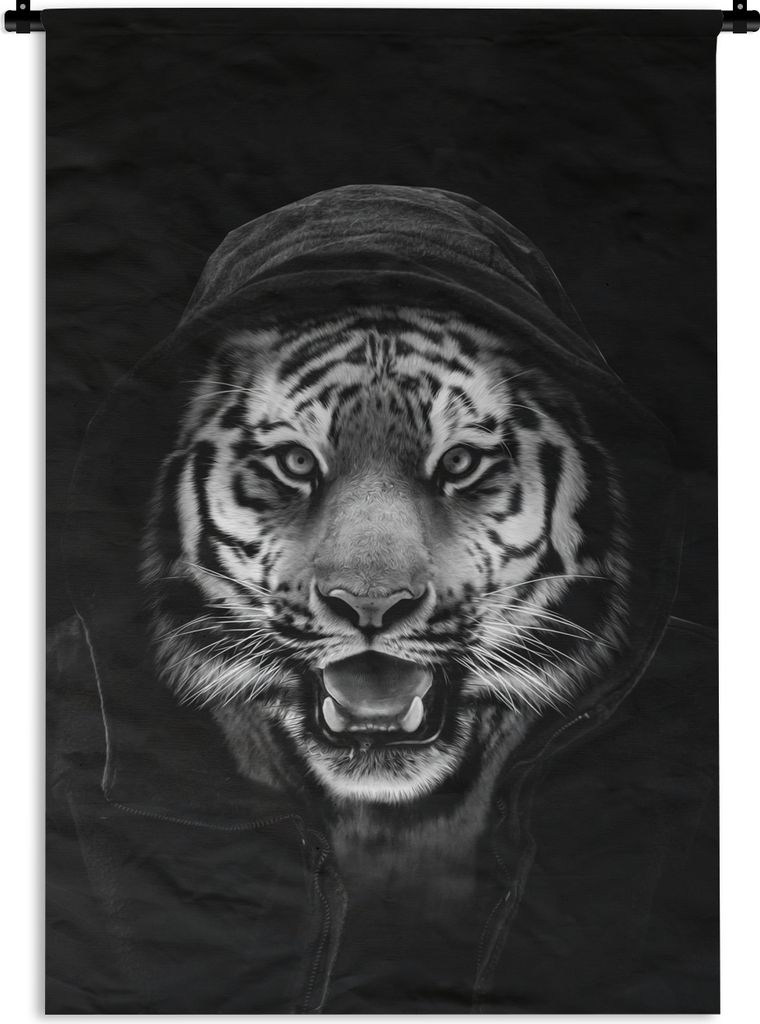 MuchoWow Wandteppich Wandbehang Ein Tiger mit Kapuze vor schwarzem Hintergrund - schwarz und weiß 120x180 cm Tapisserie Dekoration Wandtuch - Sc...