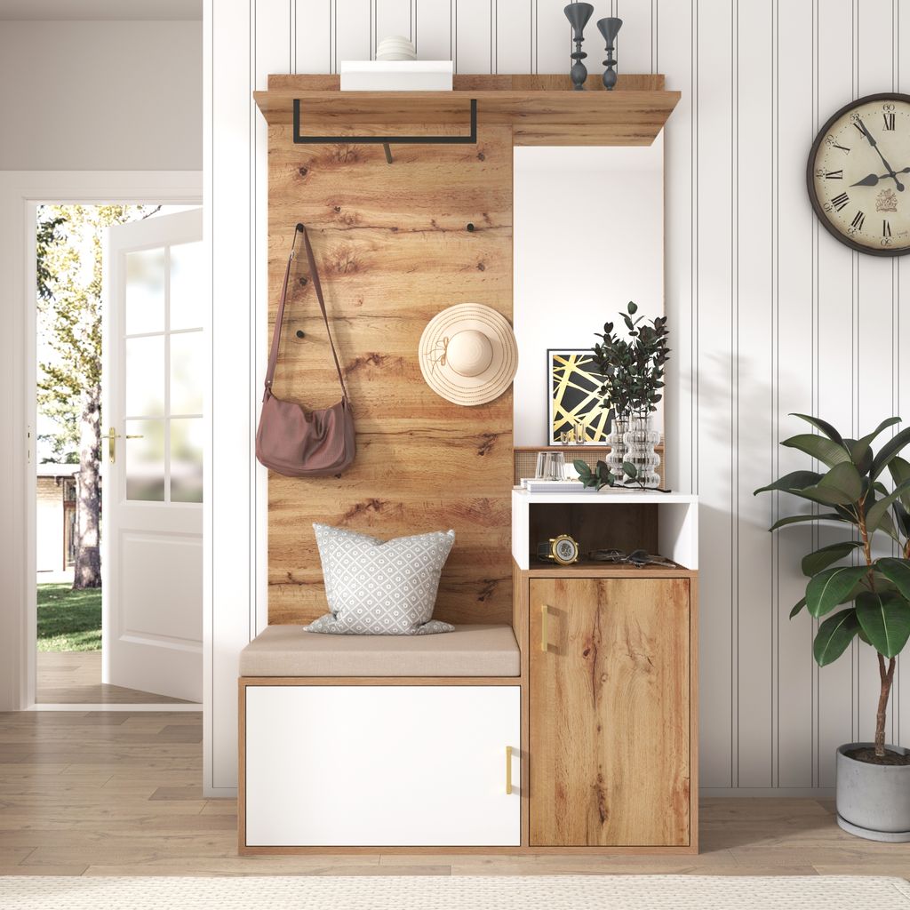 A hallway furniture set with a mirror, coat hooks, and a bench.
