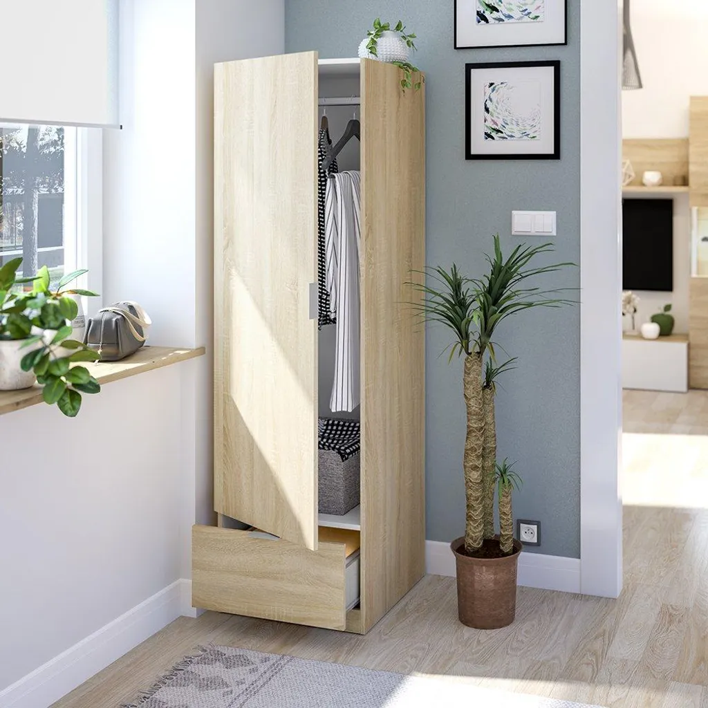 Garde-robe 1 porte Dello en chêne brun et son étagère de rangement