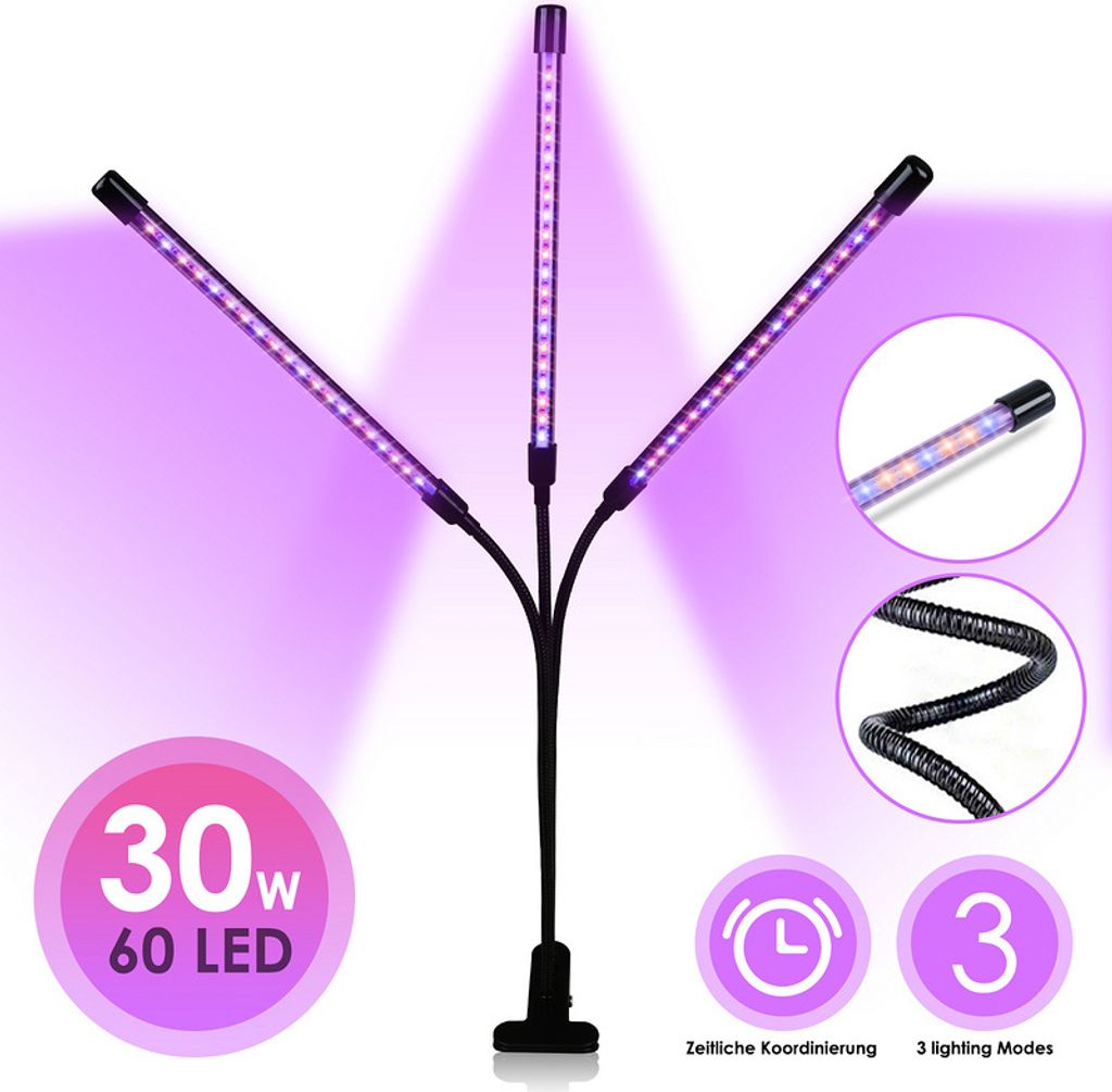 Fiqops Pflanzenlampe Led Vollspektrum 30W 60leds Pflanzenlicht,Clip On Plant Grow Lights Indoor mit 3 Beleuchtungsmodi,Wachstumslampen füR Pflanze...