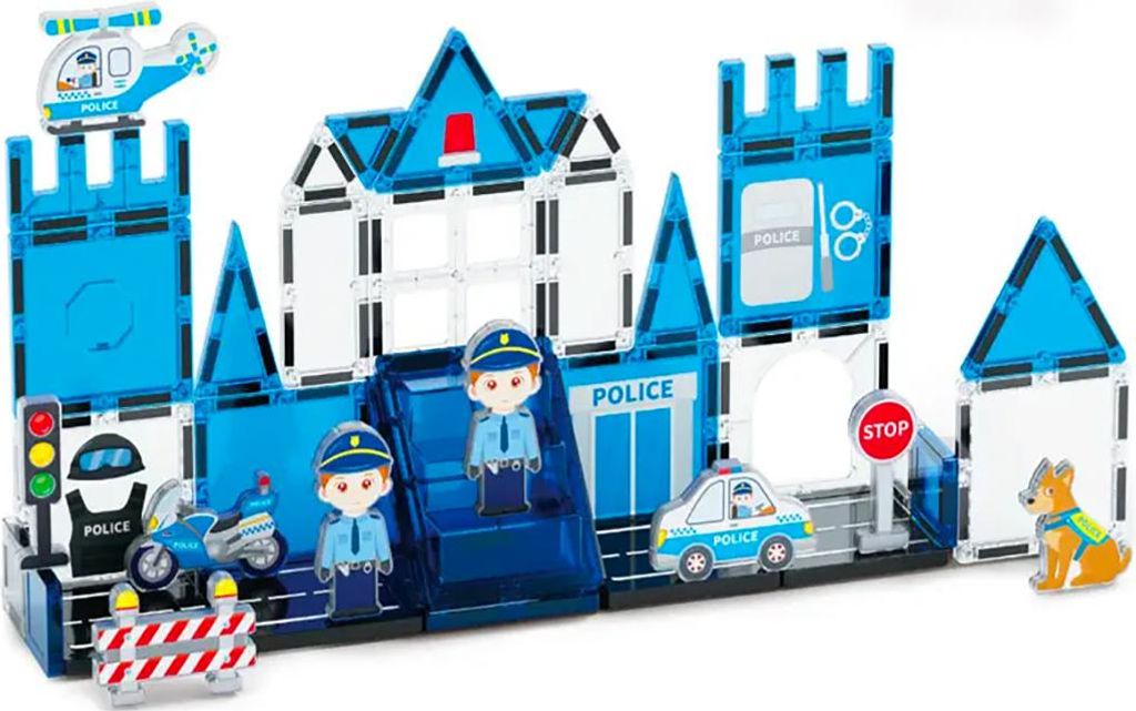 Avizar, Magnetisches Bauset für Kinder, Thema Polizei, 42 Teile, robust, Weiß / Blau