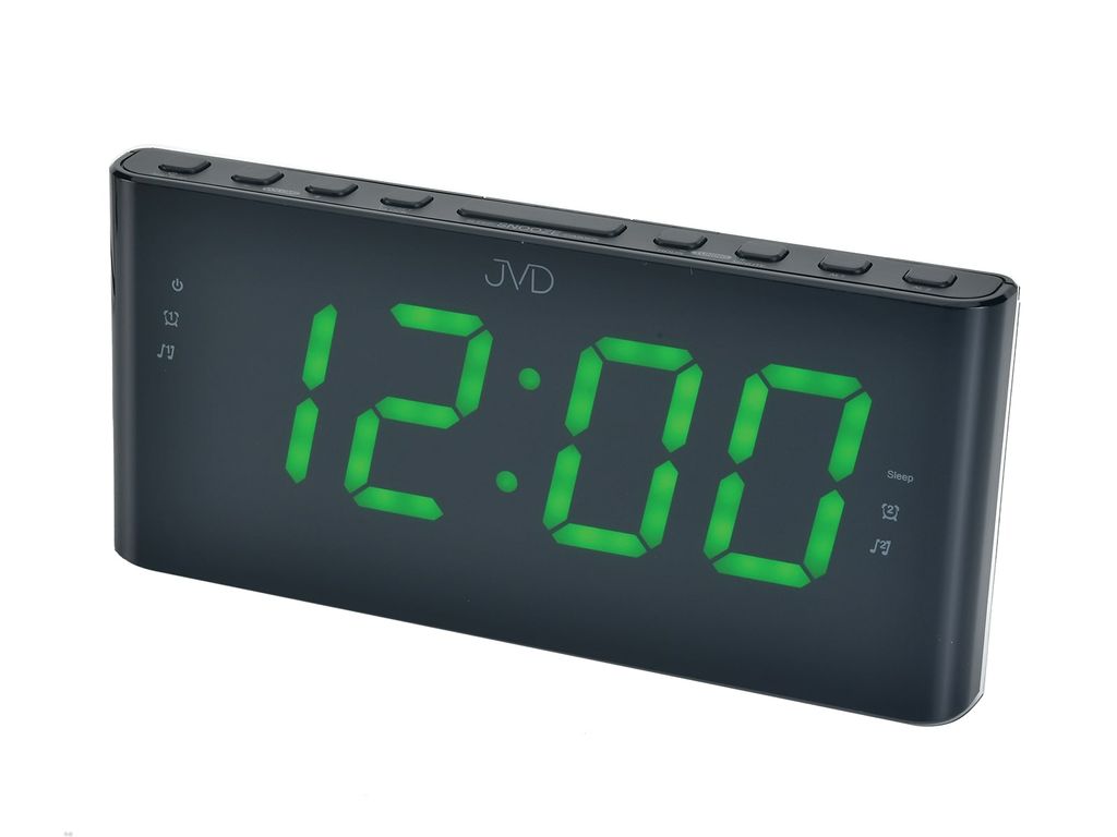 A digital alarm clock with a black casing and green LED display.