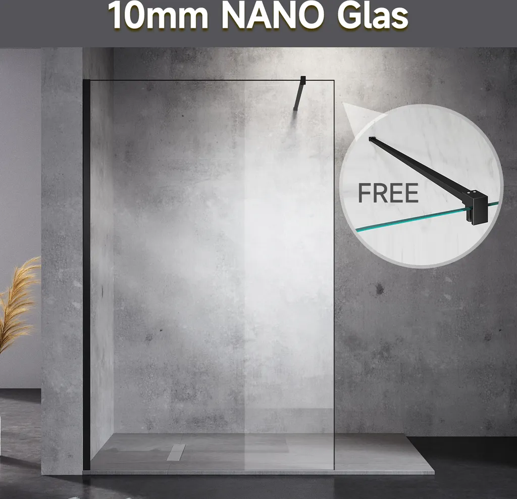 SONNI Paroi de Douche Walk In 140x200 cm en Verre Nano 10mm Style Noir