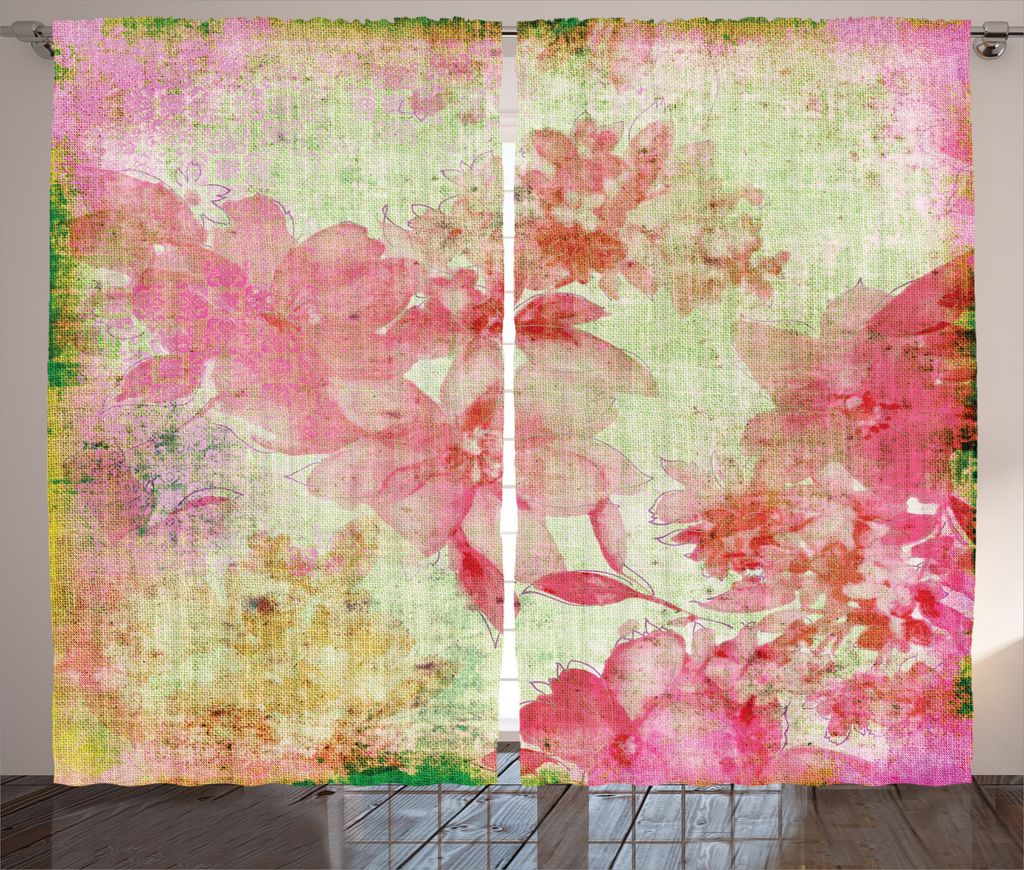 ABAKUHAUS Blumen Rustikaler Gardine, Retro Design alten Grunge, Schlafzimmer Kräuselband Vorhang mit Schlaufen und Haken, 280 x 245 cm, Rosa und G...