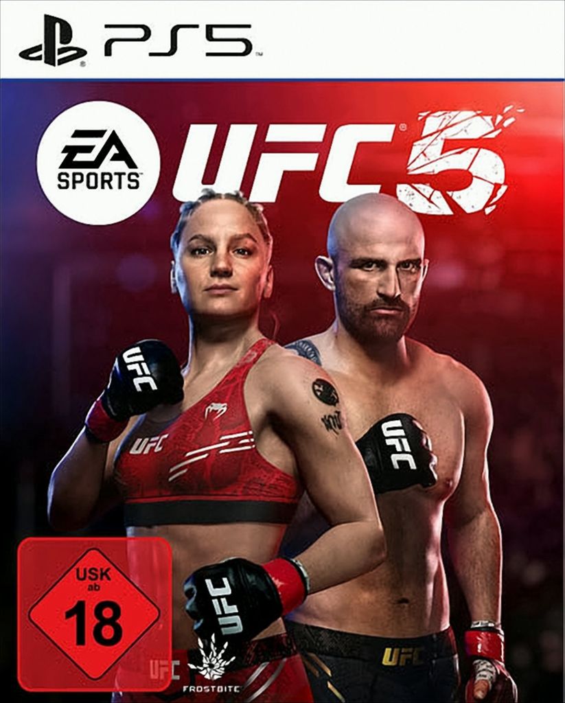 The cover art for the EA Sports UFC 5 PS5 game, featuring two fighters.