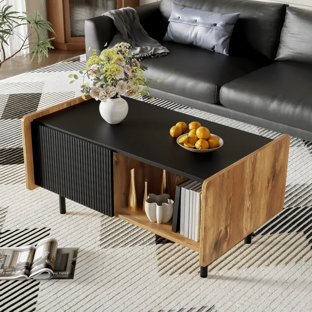 Table Basse de Salon avec Portes et Compartiments de Rangement Noir Mat - 9