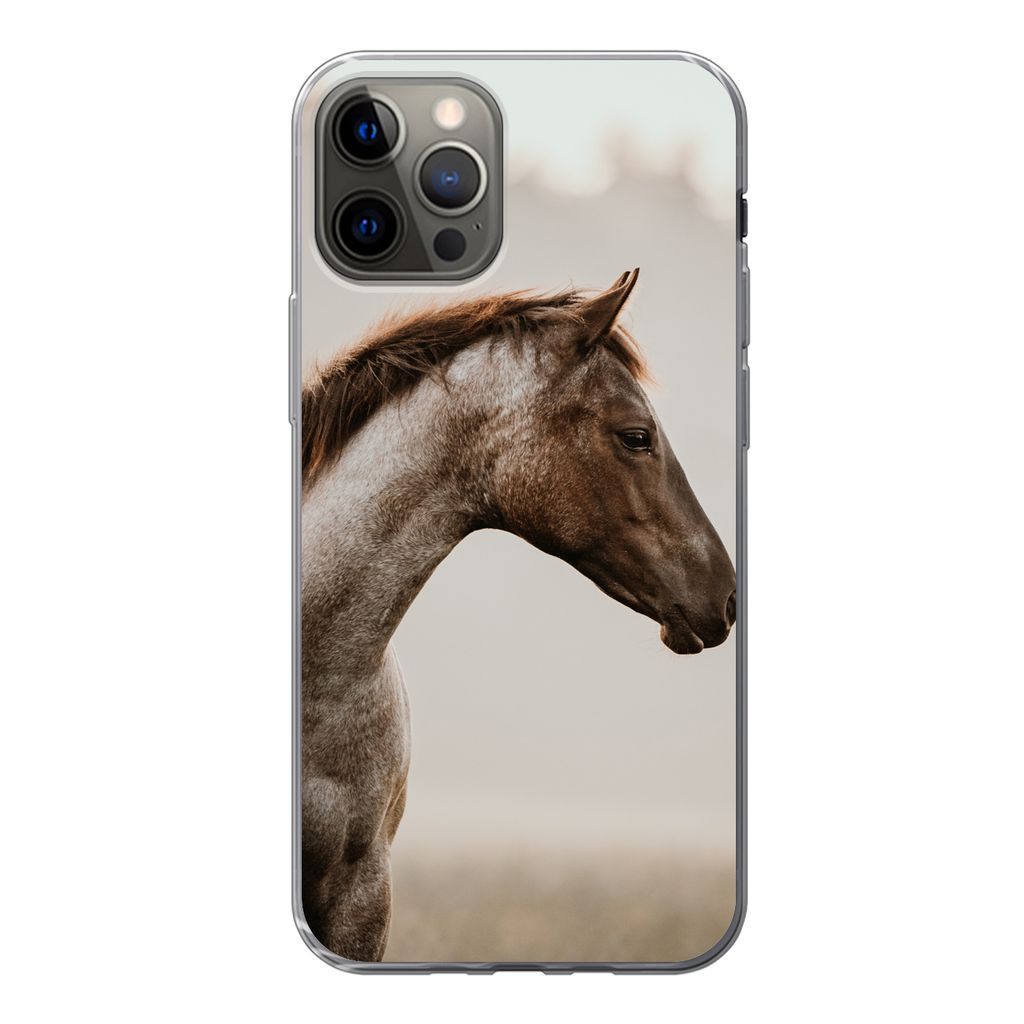 MuchoWow Handyhülle Schutzhülle Hülle für iPhone 12 Pro Pferd - Nebel - Natur Silikon Softcase Handy Hülle - Abdeckung