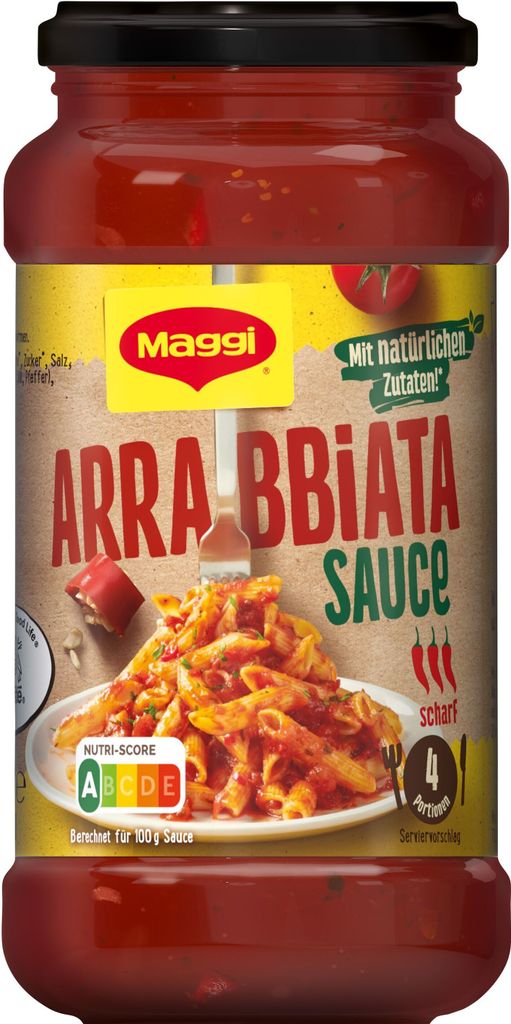 Maggi Arrabbiata Sauce mit pikanter Tomatenschärfe servieren 500g