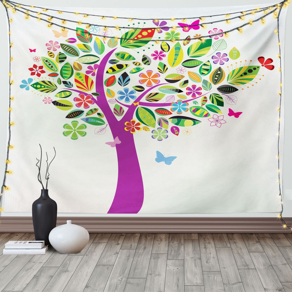 ABAKUHAUS Baum des Lebens Wandteppich, Blumen Schmetterlinge, Wohnzimmer Schlafzimmer Heim Seidiges Satin Wandteppich, 200 x 150 cm, Mehrfarbig