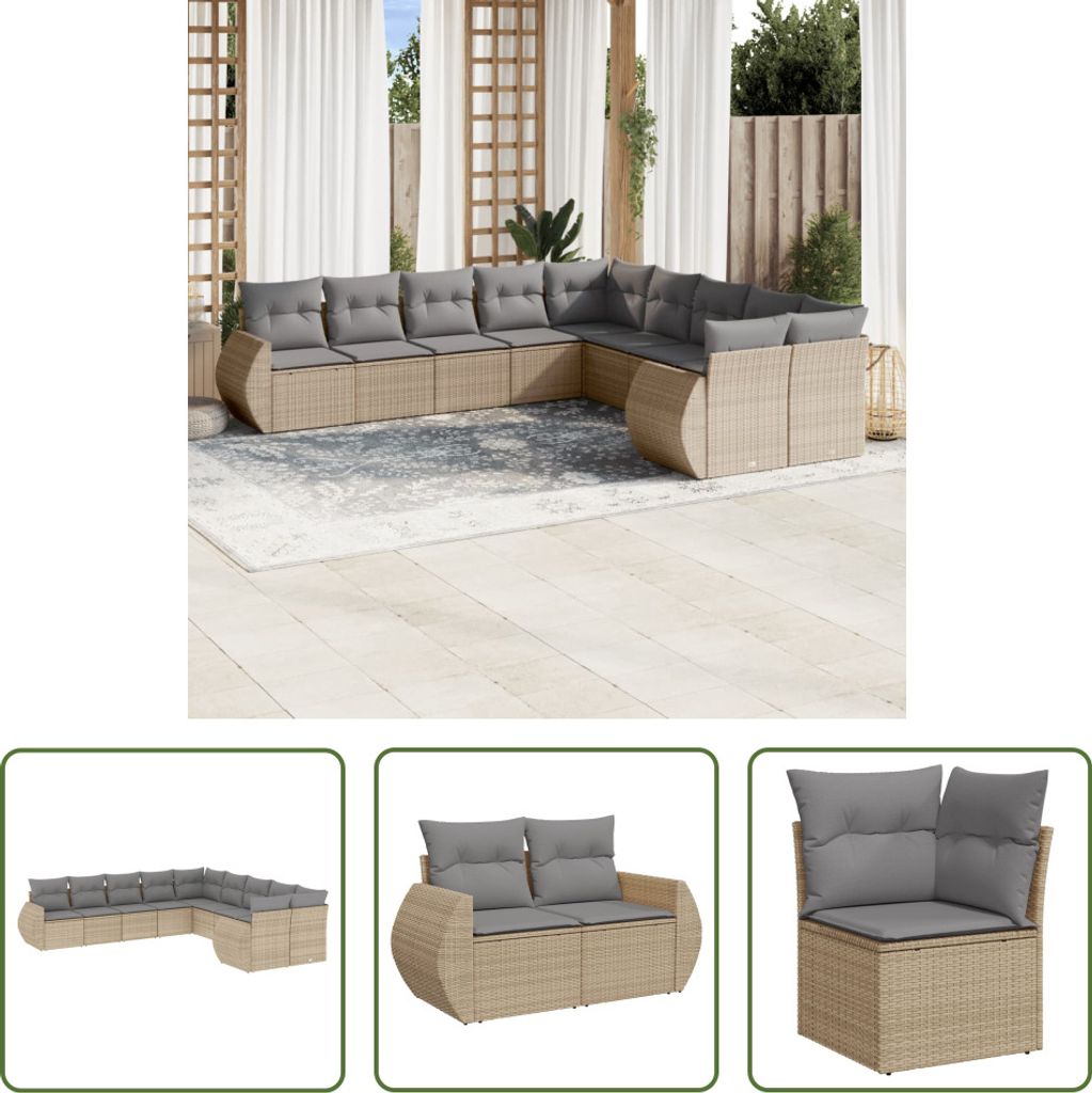 The Living Store 10-tlg. Garten-Sofagarnitur mit Kissen Beige Poly Rattan