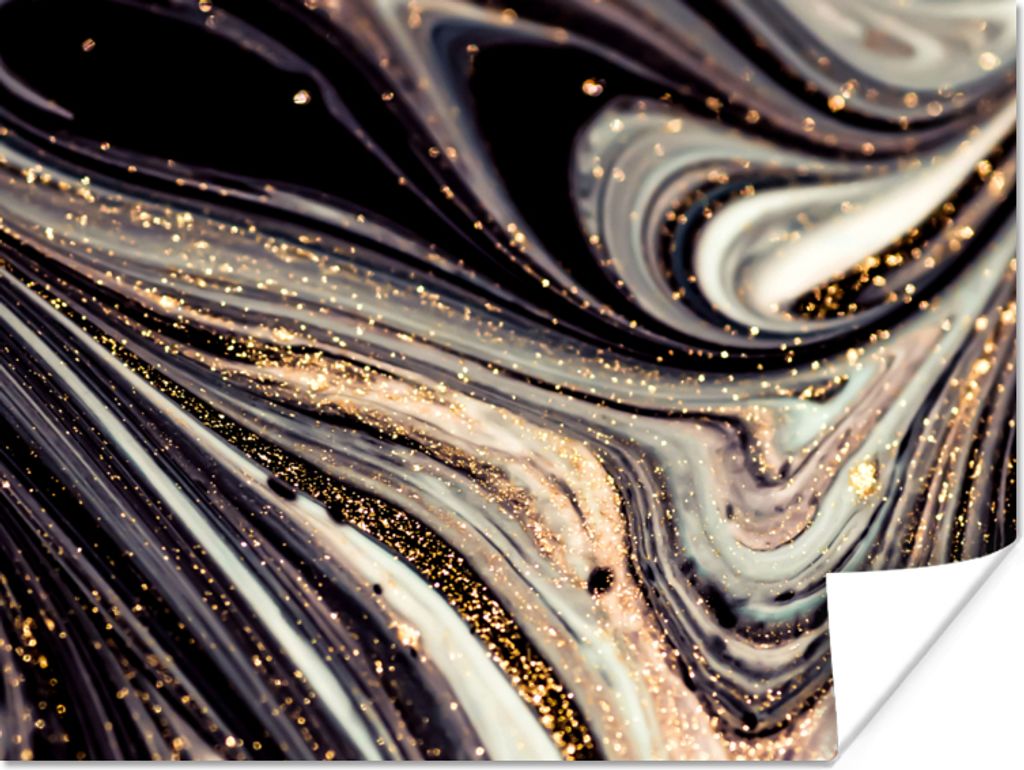 MuchoWow Poster Marmoroptik - Schwarz - Gold - Weiß - Glitter - Marmor 80x60 cm - Kunst für zu Hause