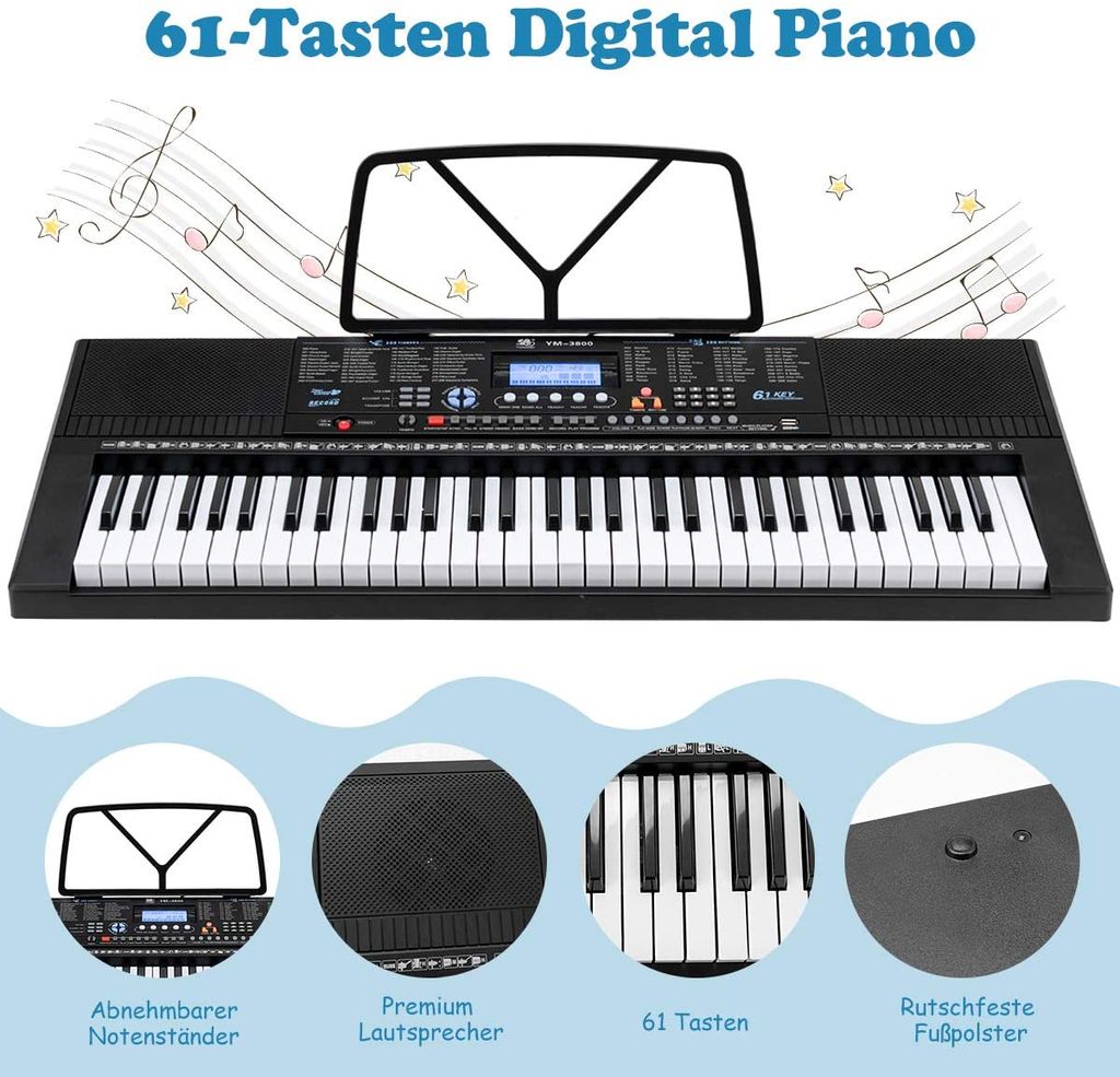 Schwarzes 61-Tasten Keyboard-Set für Einsteiger mit Tisch Hocker und Kopfhörer! 