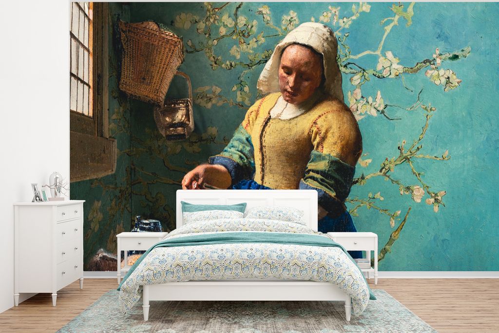 MuchoWow Fototapete für Wohnzimmer oder Schlafzimmer Wandtapete Vinyl Motivtapete Milchmädchen - Mandelblüte - Van Gogh - Vermeer - Gemälde -...