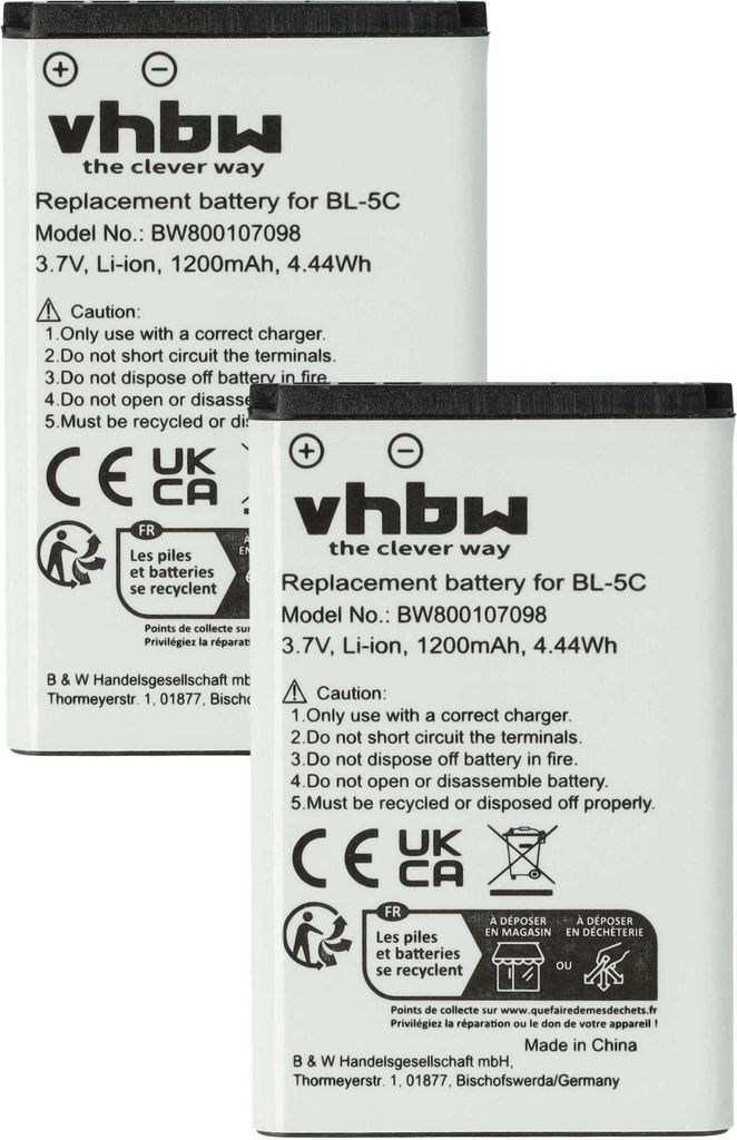 vhbw 2x Akku kompatibel mit Nokia 3110 classic, 3109 classic, 3120, 3110 evolve, 3660, 3650 Handy Smartphone Telefon (1200 mAh, 3,7 V, Li-Ion)