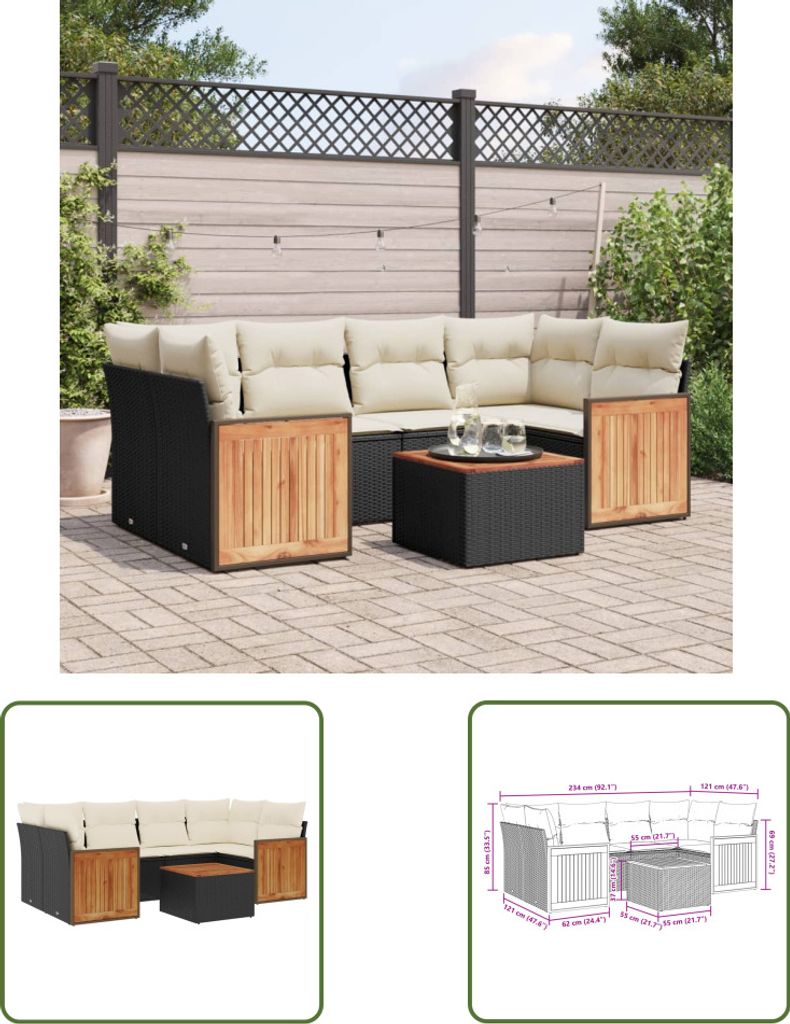 The Living Store 7-tlg. Garten-Sofagarnitur mit Kissen Schwarz Poly Rattan