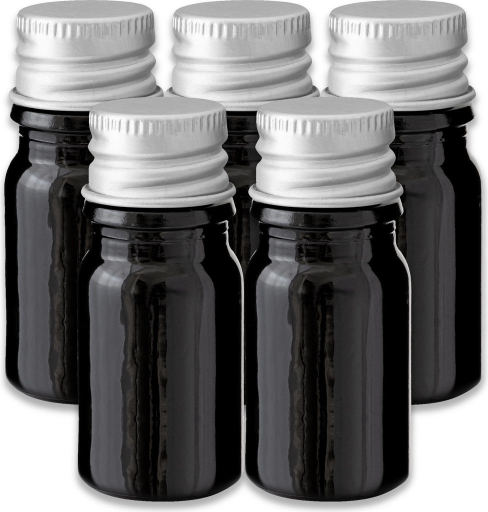 5x Glasflasche schwarz 5 ml mit silbernem Aluminiumverschluss Schraubdeckel
