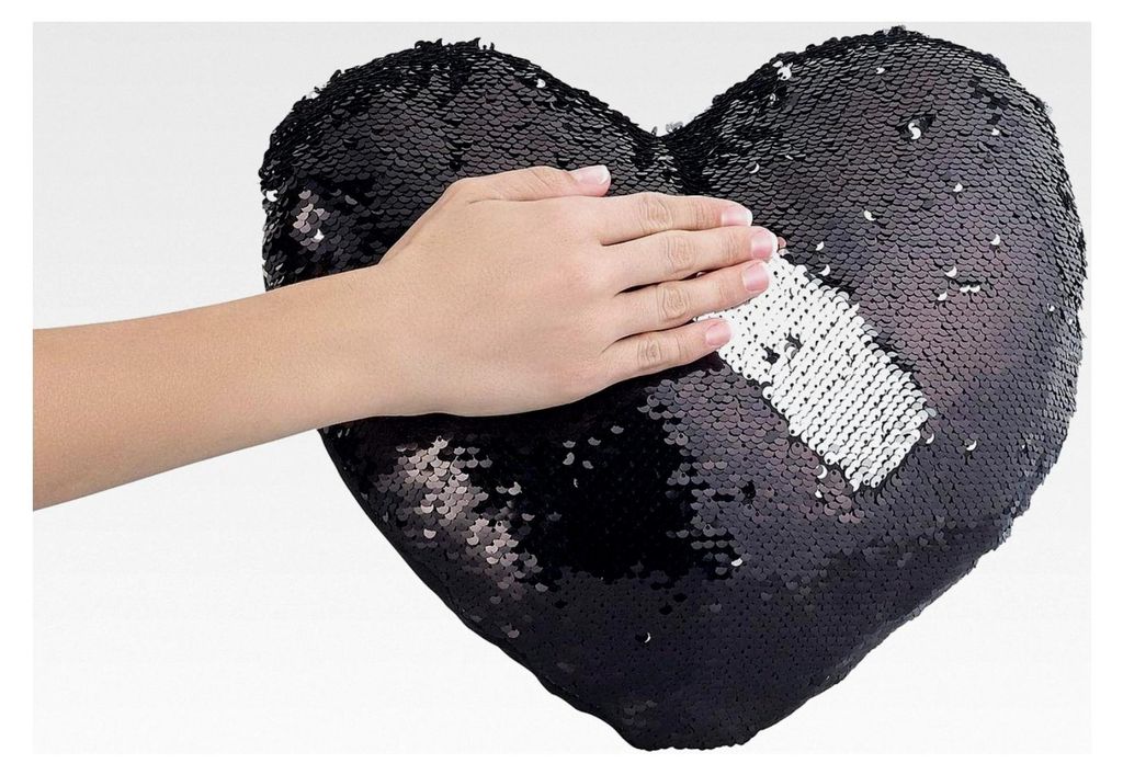 Paillettenkissen in Herzform, Velours, schwarz/silbern