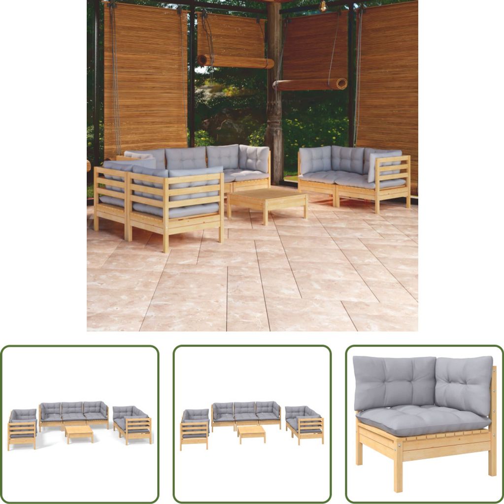 The Living Store 8-tlg. Garten-Lounge-Set mit Grauen Kissen Kiefer Massivholz