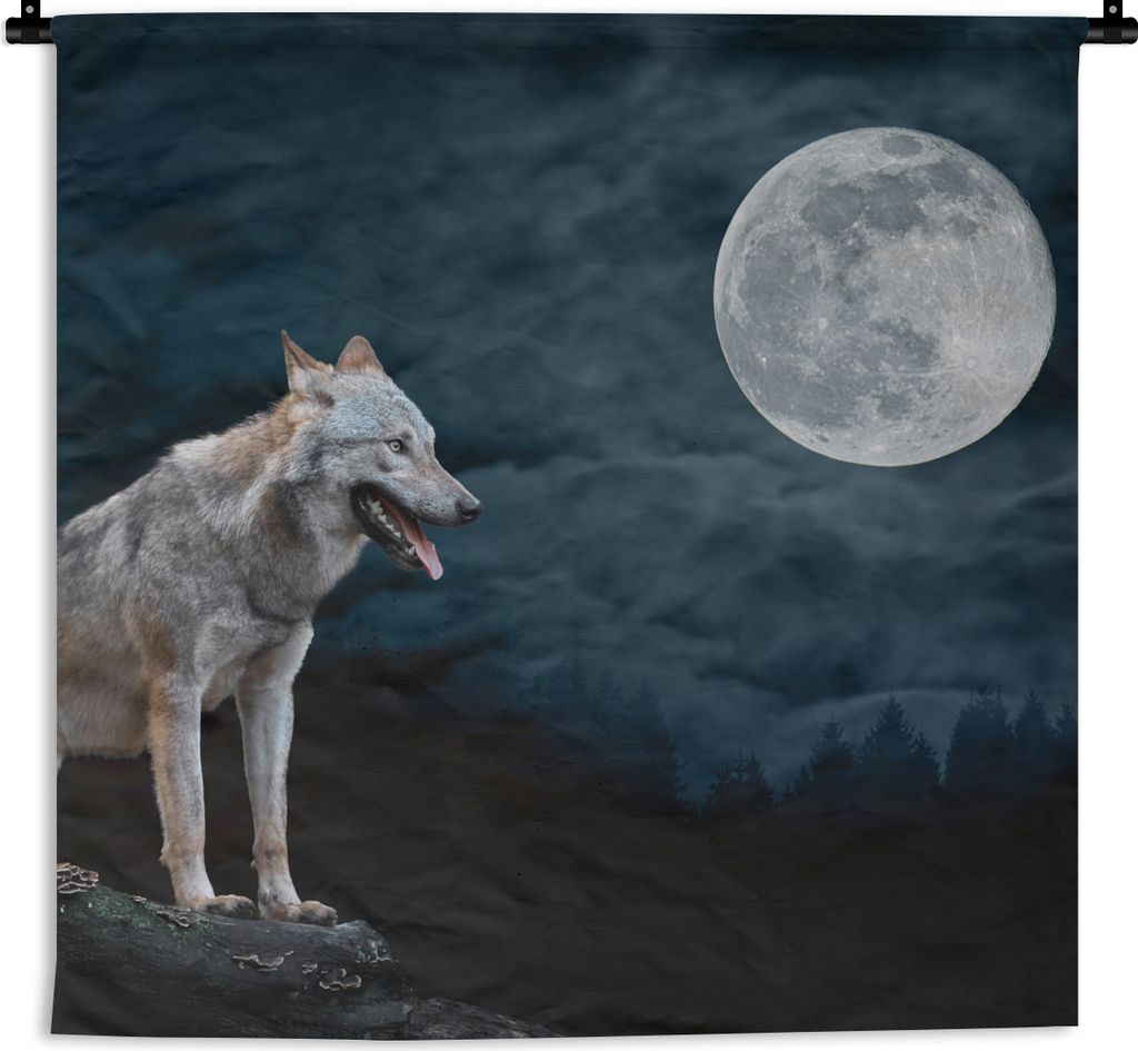 MuchoWow Wandteppich Wandbehang Wolf - Mond - Nacht - Tiere - Porträt 150x150 cm Tapisserie Dekoration Wandtuch - Wohnaccessoires - Modernes